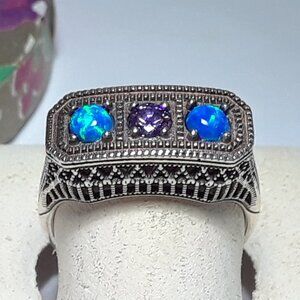 .45ctw Round Amethyst & Opal 3 Stone Filigree Sterling Silver Ring #19643